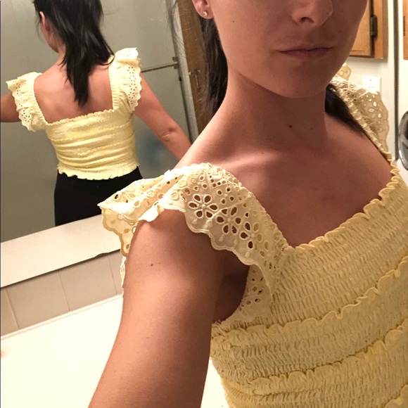 Topshop yellow shirred frill sleeve top - Picture 5 of 5